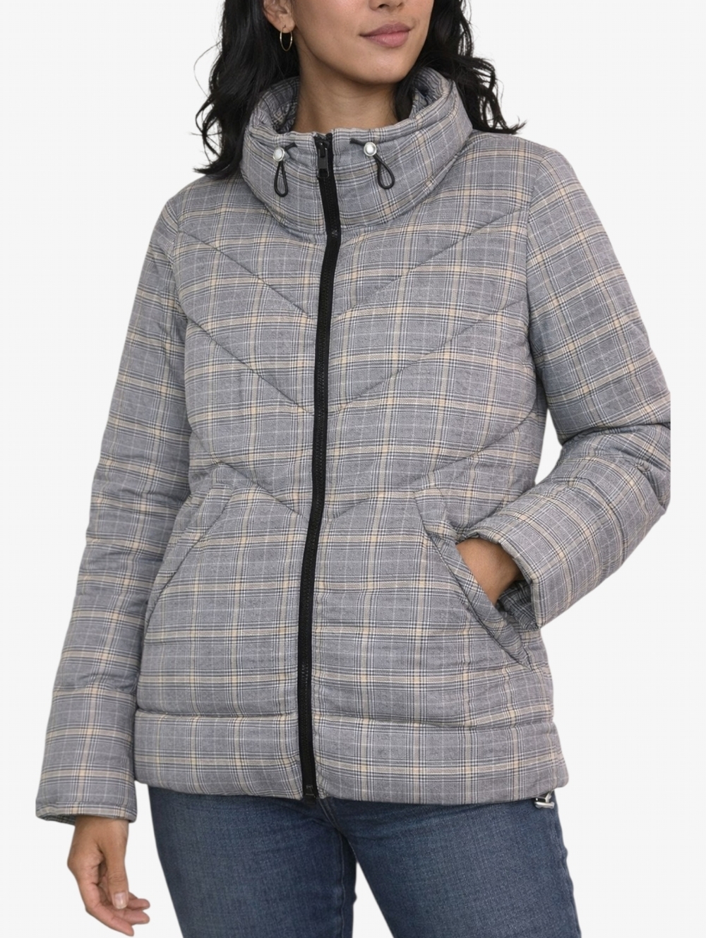 Tom Tailor Denim Plaid Puffer Jacket Women’s Large Gray Zip Quilted Winter Coat